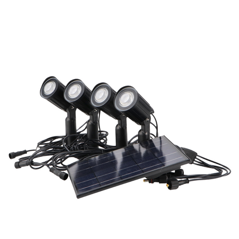 Set de spoturi solare utilizate pentru iluminarea decorativă a unui spațiu exterior, led-box.ro