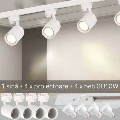 Sistem de iluminat cu șină albă de 1 metru și 4 proiectoare Diamond cu becuri LED GU10 Osram 10W, potrivit pentru spații rezidențiale.