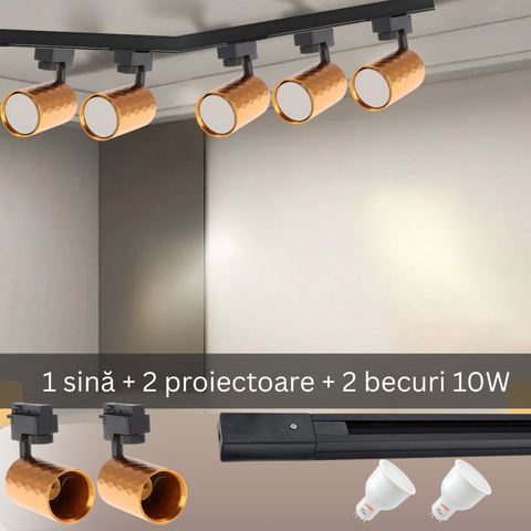 Set modern cu șină neagra și 2 proiectoare Diamond, fiecare dotat cu bec LED GU10 Osram 10W, pentru iluminat interior.