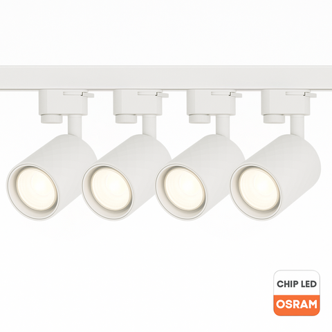 Set modern cu șină albă și 4 proiectoare Diamond, fiecare dotat cu bec LED GU10 Osram 10W, ideal pentru iluminat interior.