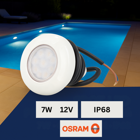 Corp de iluminat LED pentru piscină montat sub apă, lumină difuză caldă, design compact și etanș IP68
