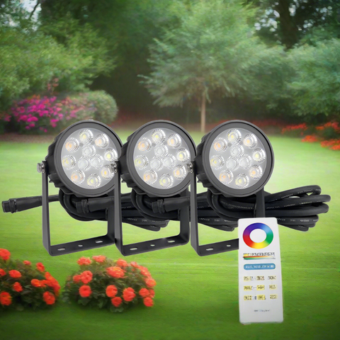 spoturi gradina, kit spoturi MiLight, lumina gradina, amenajare gradina, spoturi cu telecomanda gradina, spoturi rgb gradina, spoturi mulicolore gradina, led-box.ro
