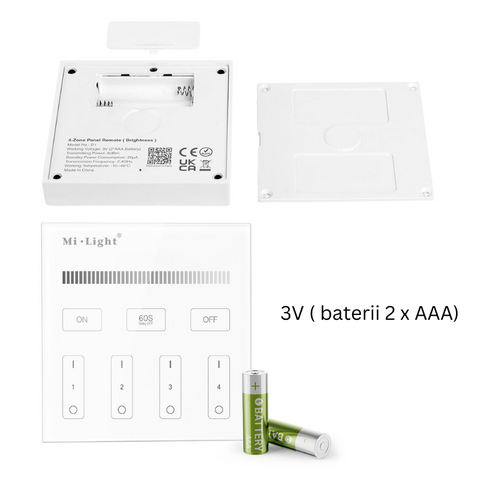 telecomanda panou MiLight, MiBoxer, panou touch, telecomnda led mono, telecomanda perete, telecomanda wireless, 4 zone control, dimmer touch, intrerupator tactil, panou perete, panou tactil perete, B1 MiLight, telecomanda monocolor