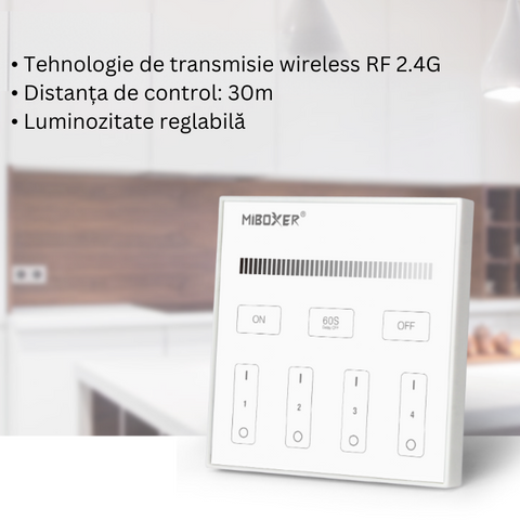 telecomanda MiLight, MiBoxer, panou touch, telecomnda led mono, telecomanda banda LED, telecomanda wireless, 4 zone control, dimmer touch, intrerupator tactil, telecomanda 2,4Ghz, T1 MiLight, led-box.ro