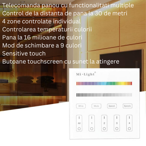 panou tactil, telecomanda MiLight, MiBoxer, panou touch, control banda LED, telecomanda banda RGBW, telecomanda 4 zone, T3 MiLight, led-box.ro