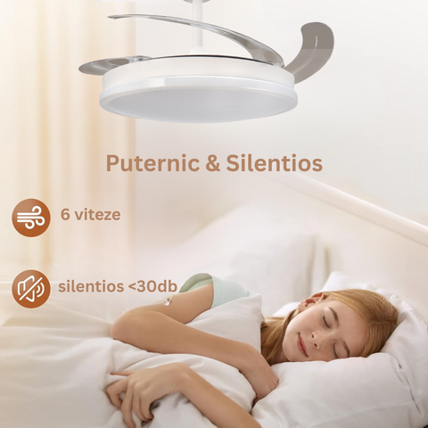 ventilator cu telecomanda si lustra led, ventilator tavan cu lustra led, lustra led CCT cu ventilator tavan, ventilator cu lamele retractabile, ventilator tavan silentios, led-box.ro