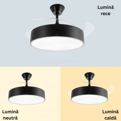 Ventilator tavan cu lustra LED Messe neagra, lumina CCT, led-box.ro