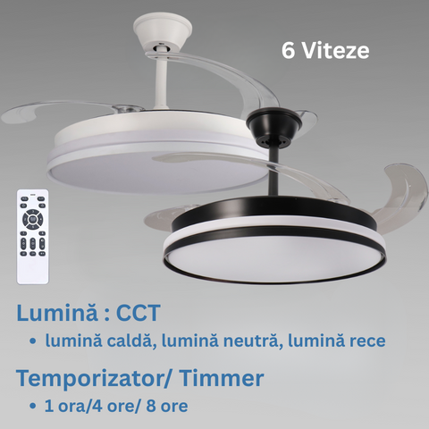 ventilator tavan, ventilator cu lustra CCT, lustra cu ventilator si telecomanda, corp iluminat cu ventilator, lustra led cu ventilator si telecomanda, ventilator tavan silentios, led-box.ro