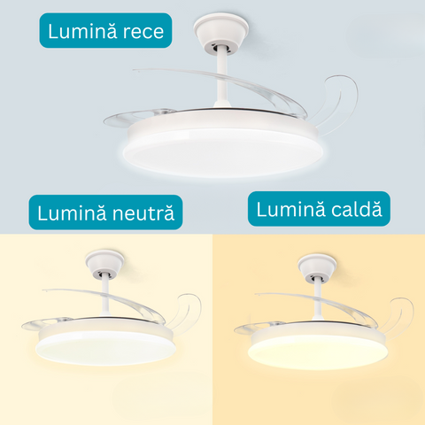 ventilator cu telecomanda si lustra led, ventilator tavan cu lustra led, lustra led CCT cu ventilator tavan, ventilator cu lamele retractabile, ventilator tavan silentios, led-box.ro