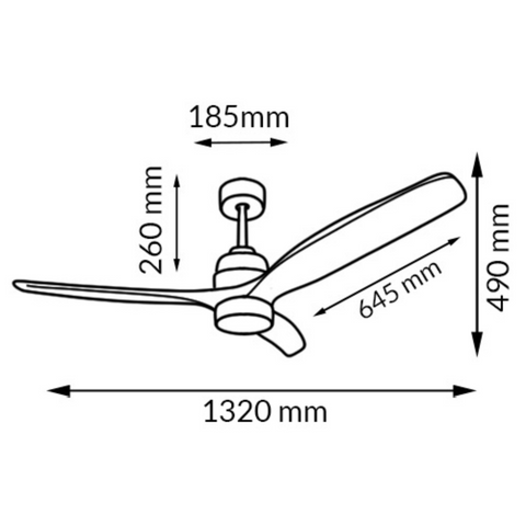 reprezentare grafica a dimensiunilor exprimate in mm pentru ventilatorul de tavan crazy, led-box.ro
