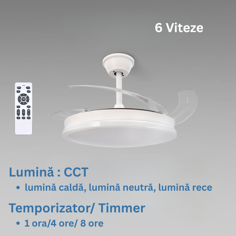 ventilator cu telecomanda si lustra led, ventilator tavan cu lustra led, lustra led CCT cu ventilator tavan, ventilator cu lamele retractabile, ventilator tavan silentios, led-box.ro