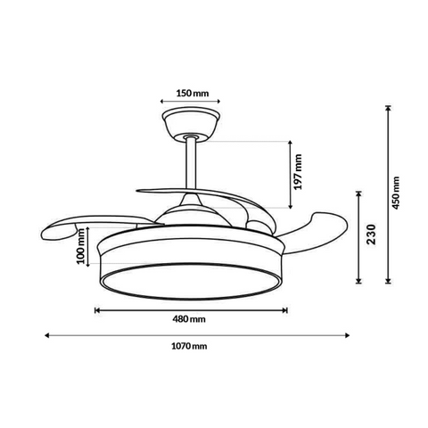 dimensiuni grafice in mm a ventilatorului de tavan messe, 1070x480x450mm, led-box.ro