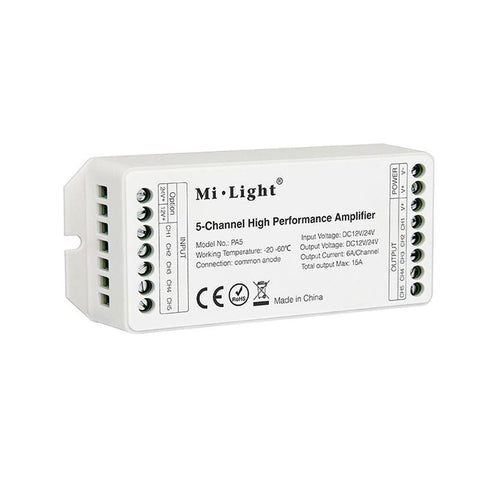 amplificator semnal, amplificator banda led, amplificator rgb, amplificator cct, amplificator 5 canele, PA5, MiBoxer, Mi-Light, amplificator 15A, led-box.ro