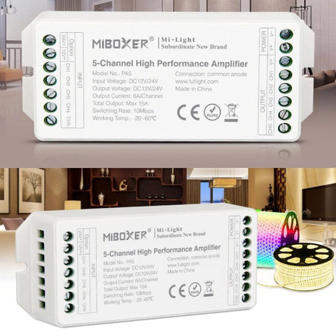 amplificator semnal, amplificator banda led, amplificator rgb, amplificator cct, amplificator 5 canele, PA5, MiBoxer, Mi-Light, amplificator 15A, led-box.ro