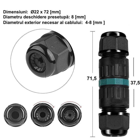 Conector cablu ermetic, 3 pini, IP68, Ø22 x 72mm, 5 bucati