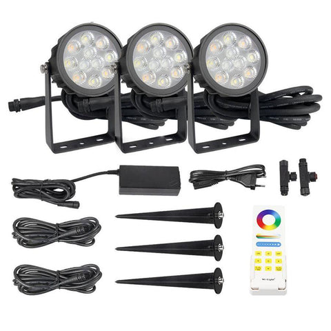 spoturi gradina, kit spoturi MiLight, lumina gradina, amenajare gradina, spoturi cu telecomanda gradina, spoturi rgb gradina, spoturi mulicolore gradina, led-box.ro