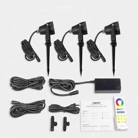 spoturi gradina, kit spoturi MiLight, lumina gradina, amenajare gradina, spoturi cu telecomanda gradina, spoturi rgb gradina, spoturi mulicolore gradina, led-box.ro