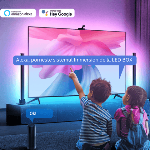 set banda tv, kit banda tv, bara laterala tv, Sistem complet bandă LED TV, Magic Glow, bandă LED rgb, bara laterala Magic Glow, lampi led laterale tv, sistem banda led tv, banda led inteligenta, ambient tv, control led, immersion, led-box.ro