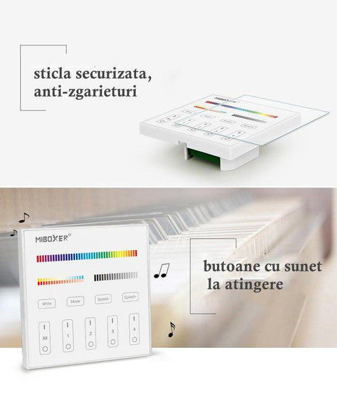 panou tactil, panou perete, panou MiLight, T4 MiLight, MiBoxer, telecomanda RGB+CCT, panou inteligent, 4 zone, panou touch, intrerupator tactil, Led-box.ro