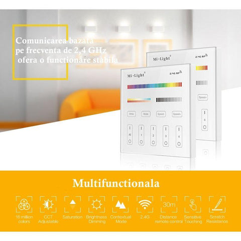 panou tactil, panou perete, panou MiLight, T4 MiLight, MiBoxer, telecomanda RGB+CCT, panou inteligent, 4 zone, panou touch, intrerupator tactil, Led-box.ro
