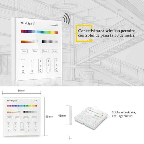 panou tactil, panou perete, panou MiLight, T4 MiLight, MiBoxer, telecomanda RGB+CCT, panou inteligent, 4 zone, panou touch, intrerupator tactil, Led-box.ro
