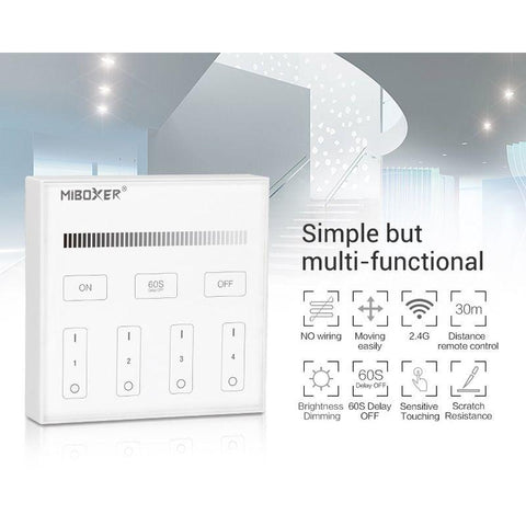 telecomanda panou MiLight, MiBoxer, panou touch, telecomnda led mono, telecomanda perete, telecomanda wireless, 4 zone control, dimmer touch, intrerupator tactil, panou perete, panou tactil perete, B1 MiLight, telecomanda monocolor
