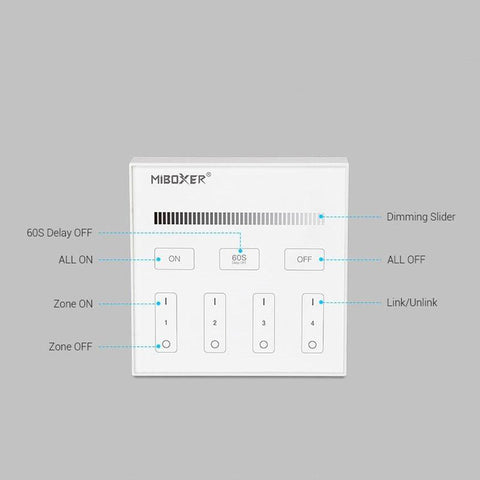telecomanda panou MiLight, MiBoxer, panou touch, telecomnda led mono, telecomanda perete, telecomanda wireless, 4 zone control, dimmer touch, intrerupator tactil, panou perete, panou tactil perete, B1 MiLight, telecomanda monocolor