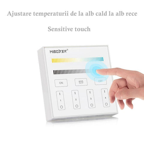 telecomanda panou MiLight, MiBoxer, panou touch, telecomnda led CCT, telecomanda banda LED, telecomanda wireless, 4 zone control, dimmer touch, intrerupator tactil, panou perete, panou tactil perete, B2 MiLight, telecomanda CCT