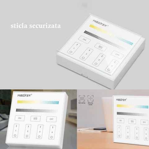 telecomanda panou MiLight, MiBoxer, panou touch, telecomnda led CCT, telecomanda banda LED, telecomanda wireless, 4 zone control, dimmer touch, intrerupator tactil, panou perete, panou tactil perete, B2 MiLight, telecomanda CCT