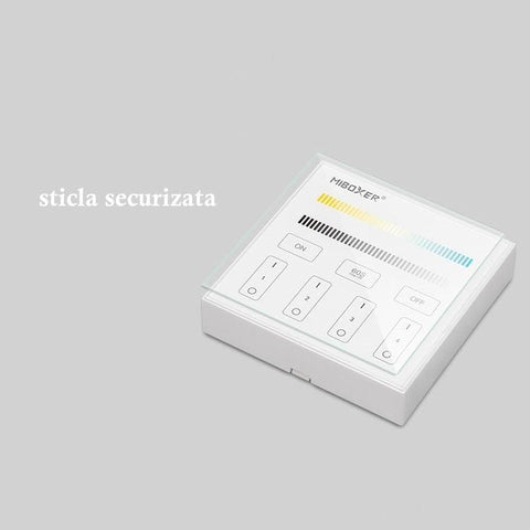 telecomanda panou MiLight, MiBoxer, panou touch, telecomnda led CCT, telecomanda banda LED, telecomanda wireless, 4 zone control, dimmer touch, intrerupator tactil, panou perete, panou tactil perete, B2 MiLight, telecomanda CCT
