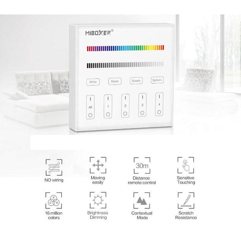 telecomanda perete MiLight, MiBoxer, panou touch, telecomnda led RGB+CCT, telecomanda banda LED, telecomanda wireless, 4 zone control, dimmer touch, intrerupator tactil, panou perete, panou tactil perete, B3 MiLight, telecomanda RGB/RGBW, led-box.ro