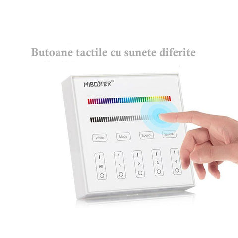 telecomanda perete MiLight, MiBoxer, panou touch, telecomnda led RGB+CCT, telecomanda banda LED, telecomanda wireless, 4 zone control, dimmer touch, intrerupator tactil, panou perete, panou tactil perete, B3 MiLight, telecomanda RGB/RGBW, led-box.ro