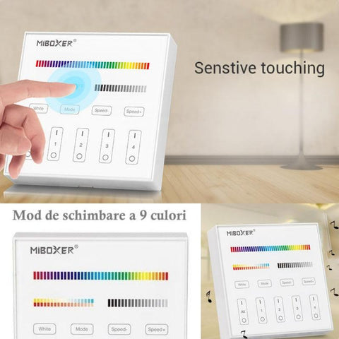 telecomanda perete MiLight, MiBoxer, panou touch, telecomnda led RGB+CCT, telecomanda banda LED, telecomanda wireless, 4 zone control, dimmer touch, intrerupator tactil, pnou perete, panou perete, B4 MiLight, led-box.ro