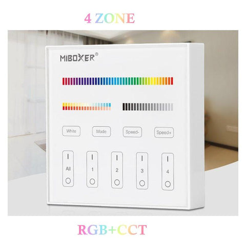 telecomanda perete MiLight, MiBoxer, panou touch, telecomnda led RGB+CCT, telecomanda banda LED, telecomanda wireless, 4 zone control, dimmer touch, intrerupator tactil, pnou perete, panou perete, B4 MiLight, led-box.ro