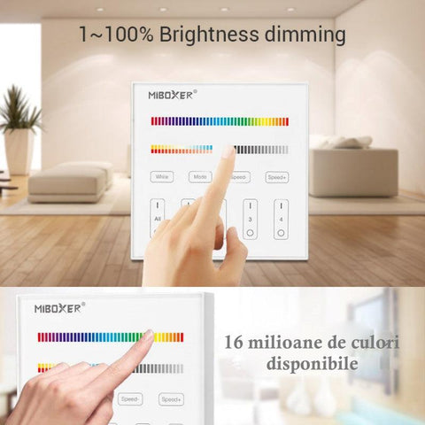 telecomanda perete MiLight, MiBoxer, panou touch, telecomnda led RGB+CCT, telecomanda banda LED, telecomanda wireless, 4 zone control, dimmer touch, intrerupator tactil, pnou perete, panou perete, B4 MiLight, led-box.ro