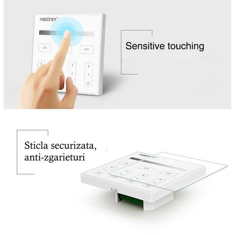 telecomanda MiLight, MiBoxer, panou touch, telecomnda led mono, telecomanda banda LED, telecomanda wireless, 4 zone control, dimmer touch, intrerupator tactil, telecomanda 2,4Ghz, T1 MiLight, led-box.ro