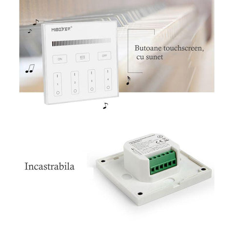 telecomanda MiLight, MiBoxer, panou touch, telecomnda led mono, telecomanda banda LED, telecomanda wireless, 4 zone control, dimmer touch, intrerupator tactil, telecomanda 2,4Ghz, T1 MiLight, led-box.ro