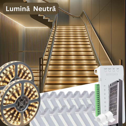 Kit Iluminat Pentru 16 Scari, cu Senzori, Banda LED 24V, Sursa Alimentare si Profile Aluminiu
