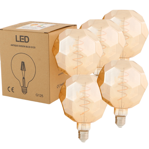 bec led E27 G125, bec led vintage 4W, bec led retro, bec LED E27 lumina calda, bec LED Amber, becuri sticla Amber, becuri LED vintage, filament spirala, led-box.ro
