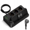 Prelungitor 3 prize Schuko, 4 porturi USB si incarcare wireless cu suport telefon, cablu 3m, negru