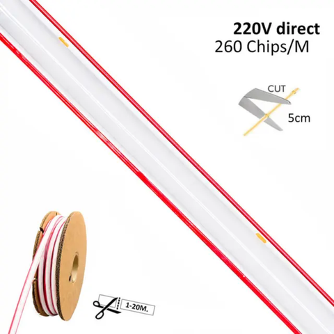 BANDA LED COB 220V 260LEDs/M 15W/M | ROLĂ 20M | 1650Lm/M | IP65 | 10mm | TAIERE 5 CM Dimabilă TRIAC