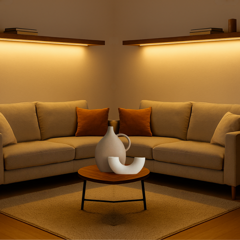 Bandă LED COB 24V montată sub raft în living modern, iluminând peretele deasupra canapelei cu lumină caldă. 