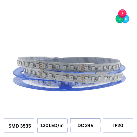 Banda LED RGB, banda led 24V, banda led rola 5 metri,  SMD3535, banda led 120 Led/m, benzi led rgb, banda led multicolora, banda led rgb ip20, banda led interior, led-box.ro