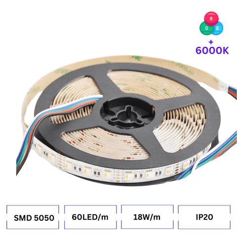 Bandă LED RGBW Ultra 4 în 1, 12V, desfășurată pe profil alb, evidențiind LED-urile cu chip 4 în 1.

