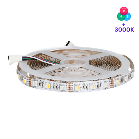 Imagine detaliată cu Banda LED RGBW 4 în 1 de 24V, montată într-un profil de aluminiu, evidențiind LED-urile compacte cu alb cald integrat.