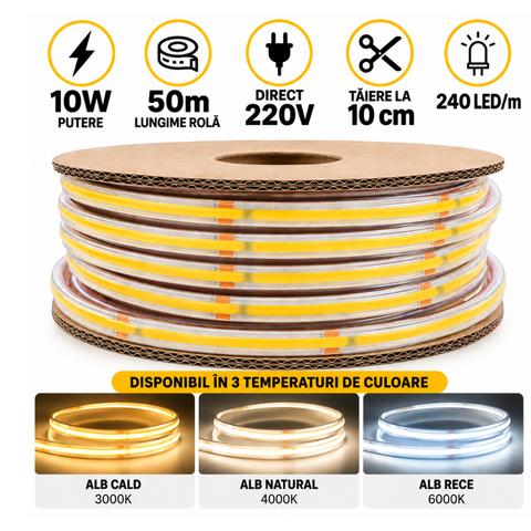 Bandă LED COB 230V | 240 LED/m | 50m | 1200lm/m | 10W/m | CRI90 | IP65 - COB DIRECT 220V