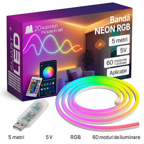 Kit Neon Flex LED RGB MAGIC SMART, Exterior/Interior, Control prin APP + Telecomanda, 5 Metri