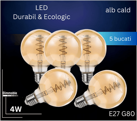 Bec LED decorativ 4W E27 G80, lumina alba calda 2200K, dimabil - led-box.ro