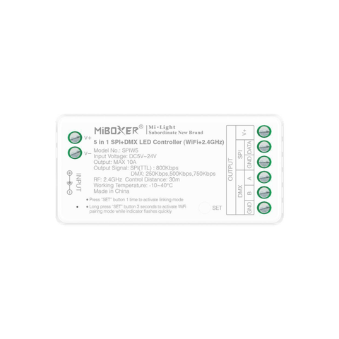 Controller MiBoxer SPIW5 5-în-1 cu WiFi, RF și DMX pentru benzi LED digitale SPI
