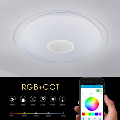 Plafonieră LED 36W montată în living cu iluminare colorată RGB